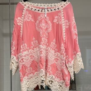 Leo & Nicole Pink Lace Trim Blouse